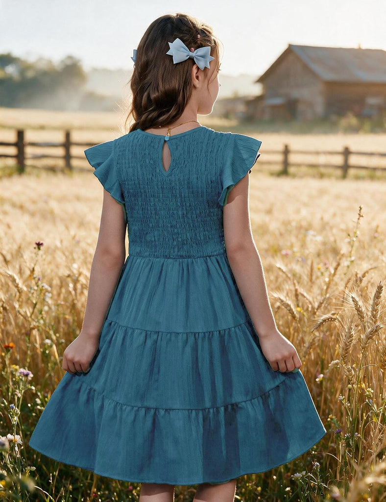 Girls Flutter Sleeve Smocked Tiered Midi Sundress with Pockets