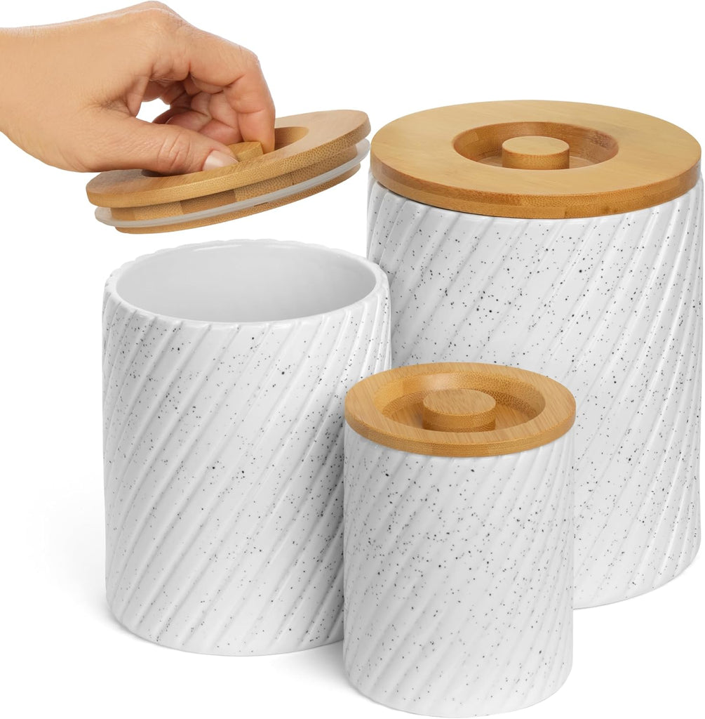 Flour Sugar Storage Containers - Ceramic Canister with Airtight Bamboo Lids Counter - 80, 40 & 20 oz, White - Set of 3