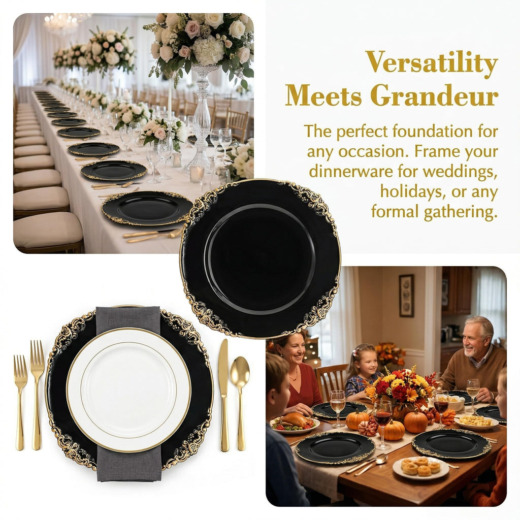 12 Pack Black Charger Plates with Floral Trim, 13" Plastic Vintage Black Chargers for Dinner Plates for Catering