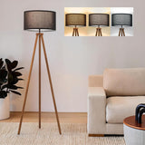 Wood Tripod Floor Lamp Modern Standing Lamp with Black Drum Shade, Industrial Tall Reading Lamp Living Room Bedroom