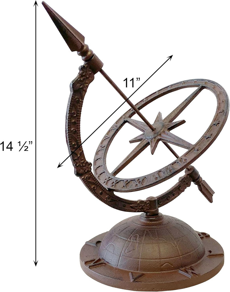 Cast Iron Armillary Sundial with Starburst | Decorative Garden Globe with Roman Numerals | Antique-Style Sphere, or