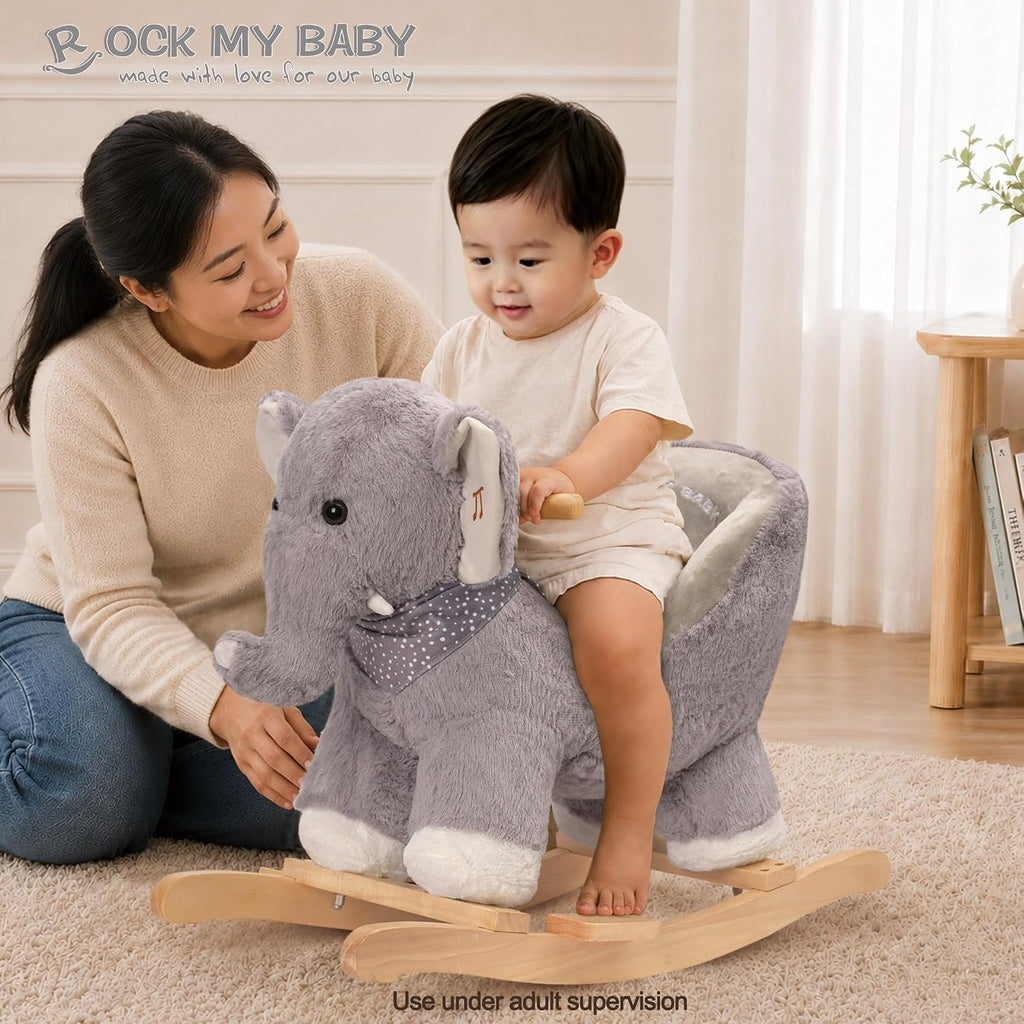 My Baby Rocking Elephant with Seat, Plush Stuffed Pony Rocker for Toddlers 1-3, Baby Rocker with Sweet Music, Wooden