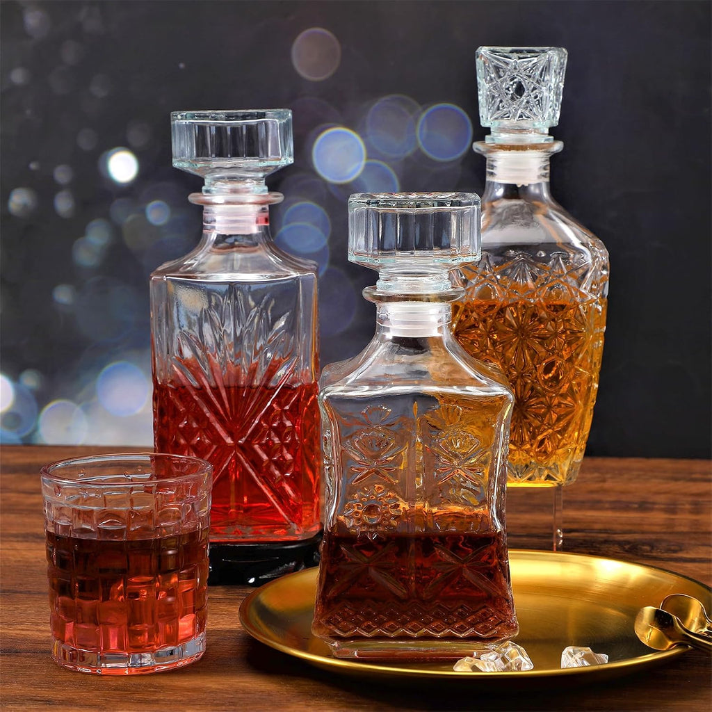 Glass Alcohol Bottle Liquor Decanters Whiskey Decanter for Tequila, Brandy and Vodka Unique Liquor Bar - Set of 3