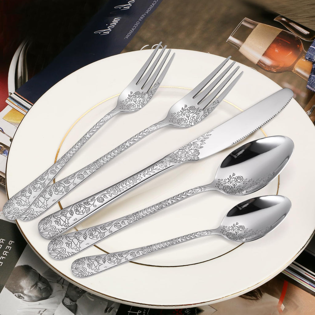 Floral Silverware Set 6 Silvery Flatware Stainless Steel with Delicate Engraved Rose Flower Embossed Design Complete