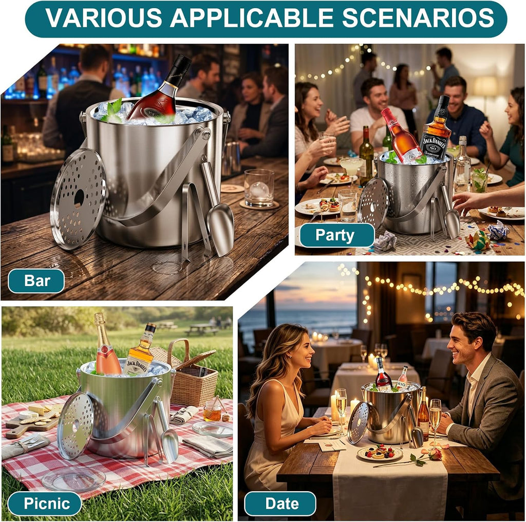 Ice Bucket for Parties, 3.4Qt/3.2L Double-Wall Stainless Steel Insulated Ice Bucket with Lid, Scoop, Tongs