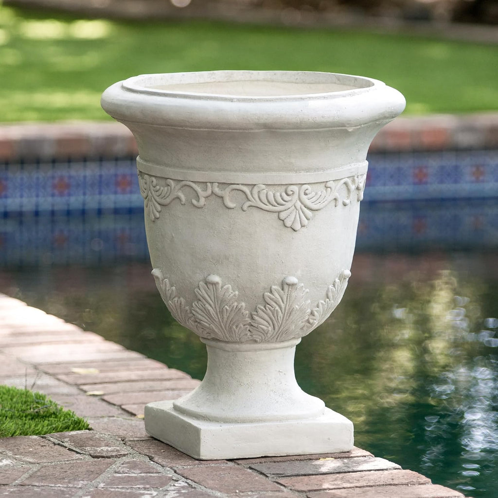 Antique White Urn Planter, Tall Outdoor Flower Pot for Garden and Patio, Classic Pedestal Design, Durable Magnesium