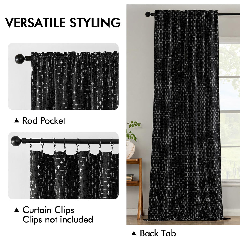 Patterned Farmhouse Linen Curtains, Back Tab, 52Wx90L, Black