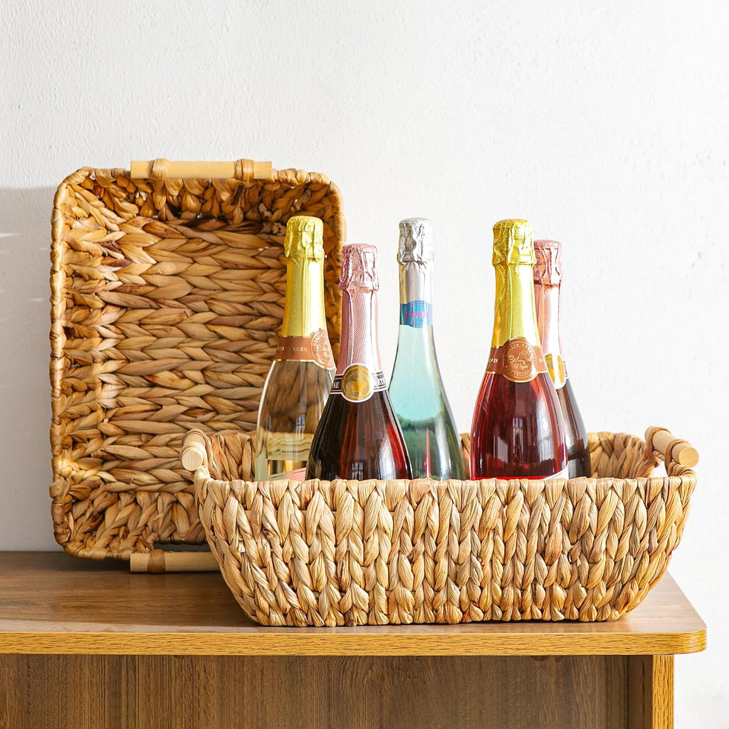 Woven Storage Baskets - Set of 3 Handwoven Water Hyacinth Wicker Baskets with Wooden Handles for Organizing