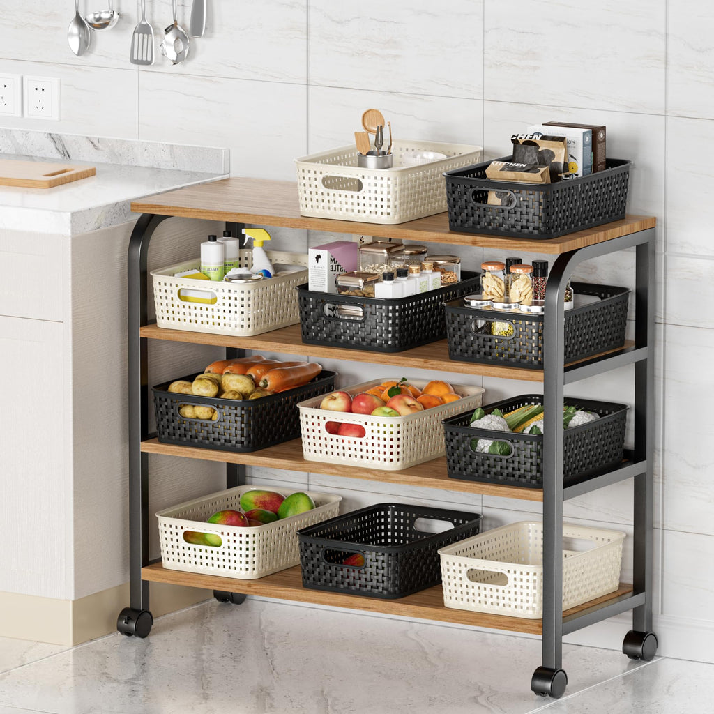 Black Plastic Basket, 8 Pack Home Organization and Storage Baskets with Handles, Space Saving Woven Organizer Bins