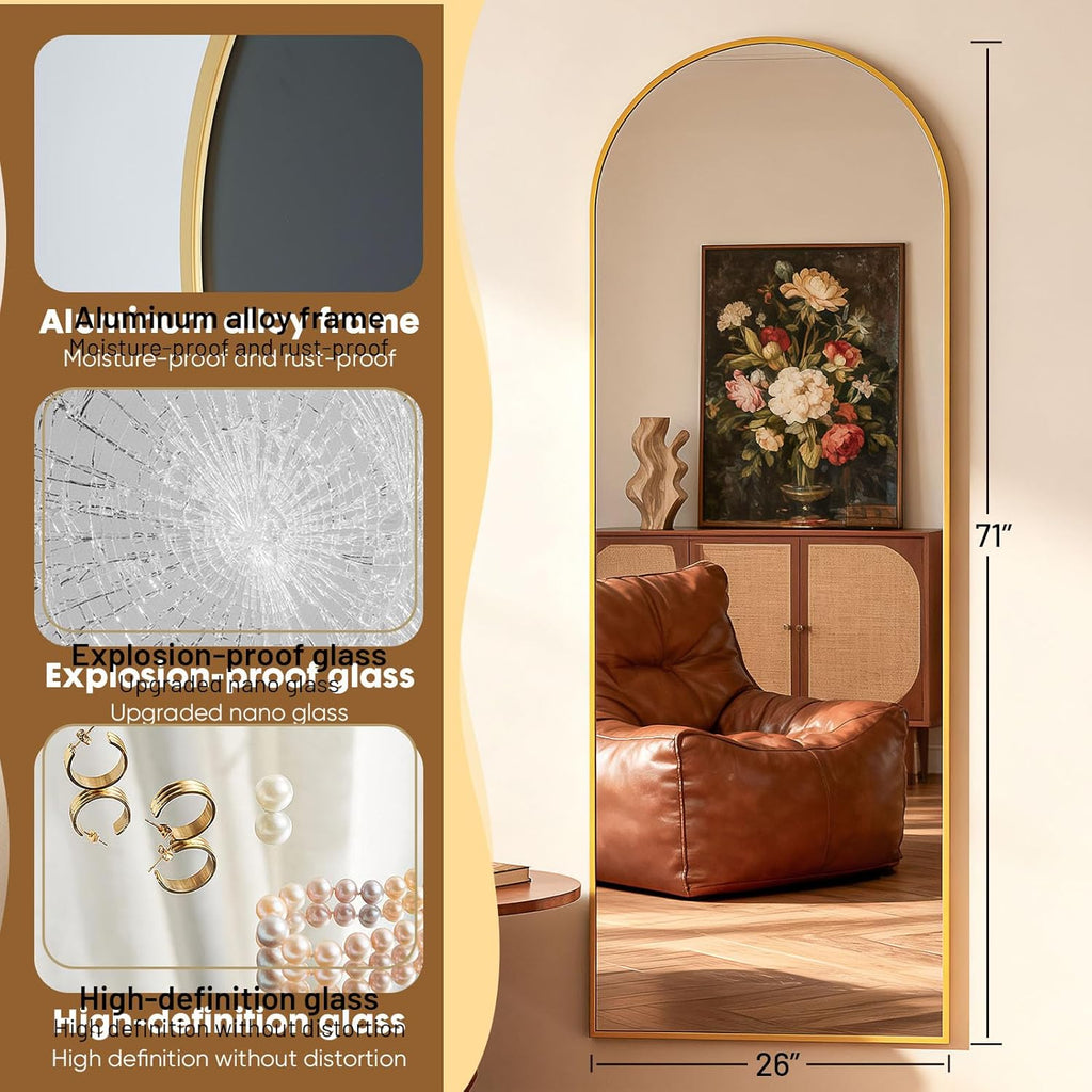 Arched Full Length Mirror, 71"x26"Large Floor Mirrors, for Wall Door Bedroom Bathroom Living Room (Gold)