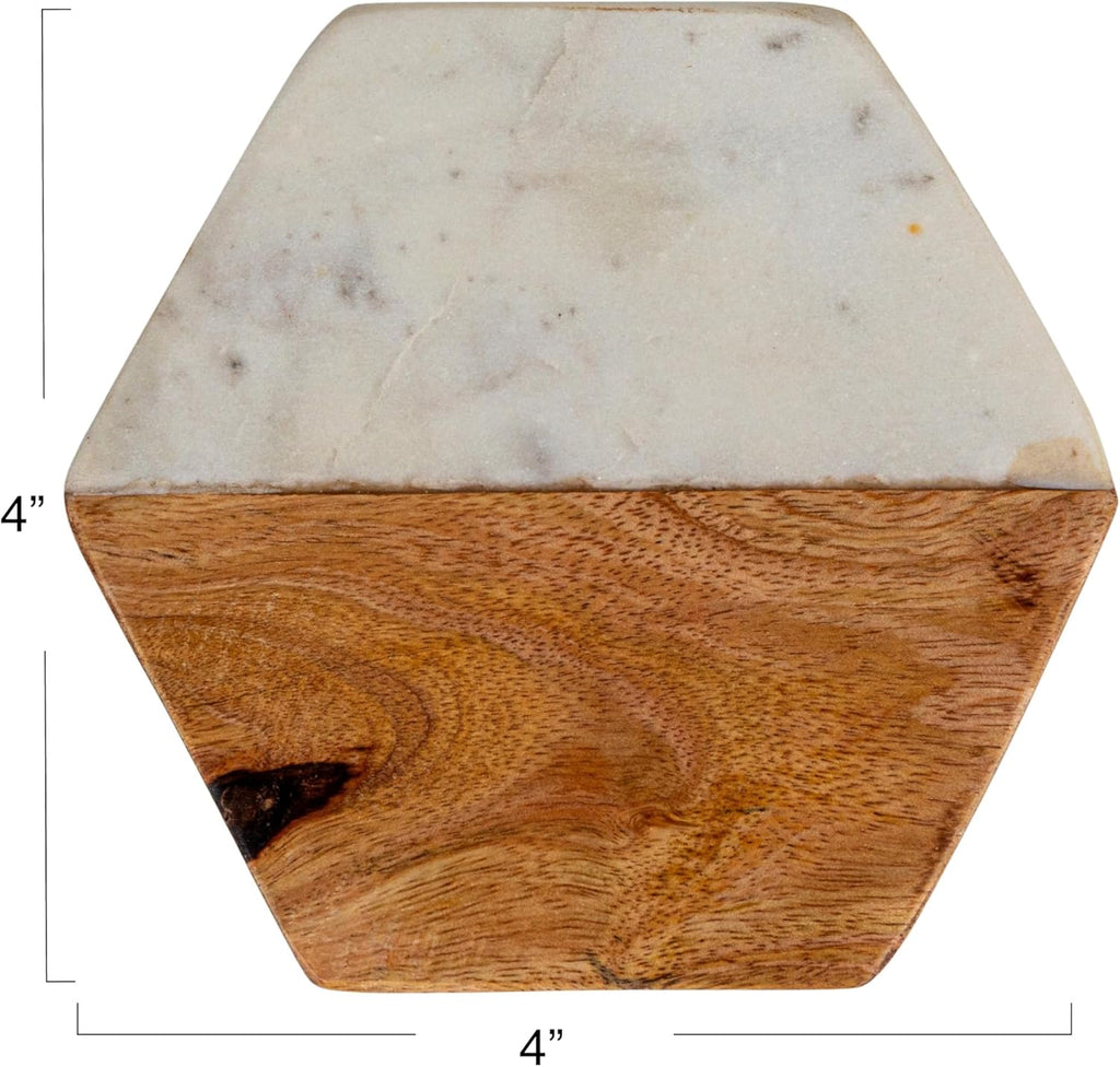4-Piece Marble and Mango Wood Hexagon Coasters, White and Natural - Set of 4