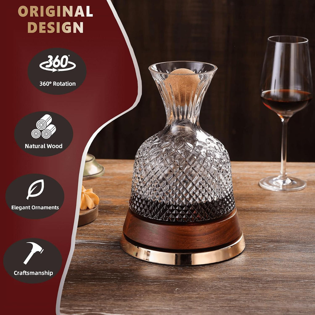 Rotating Wine Decanter with Wooden Base - 360° Spinning Wine Aerator for Fast Oxygenation, Crystal Clear Wine Carafe