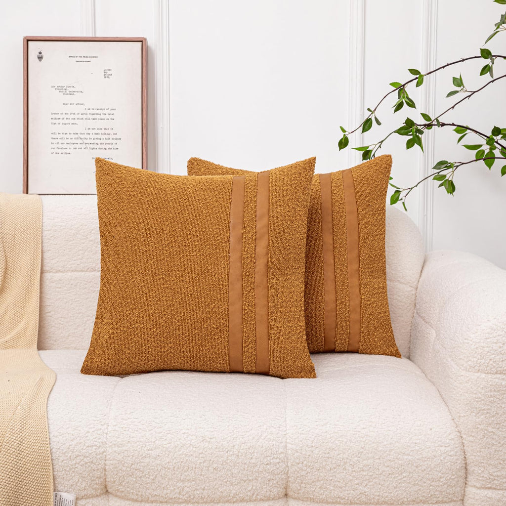 18x18 Terracotta Boucle Throw Pillow Covers with Leather Accent, 2 PC