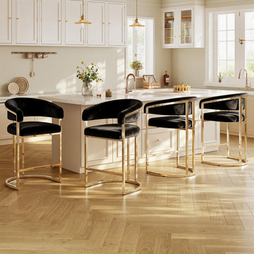 Modern Counter Height Bar Stools, Bar Stools Set of 4, Velvet Upholstered Barrel Barstools with Backs, 26" Kitchen