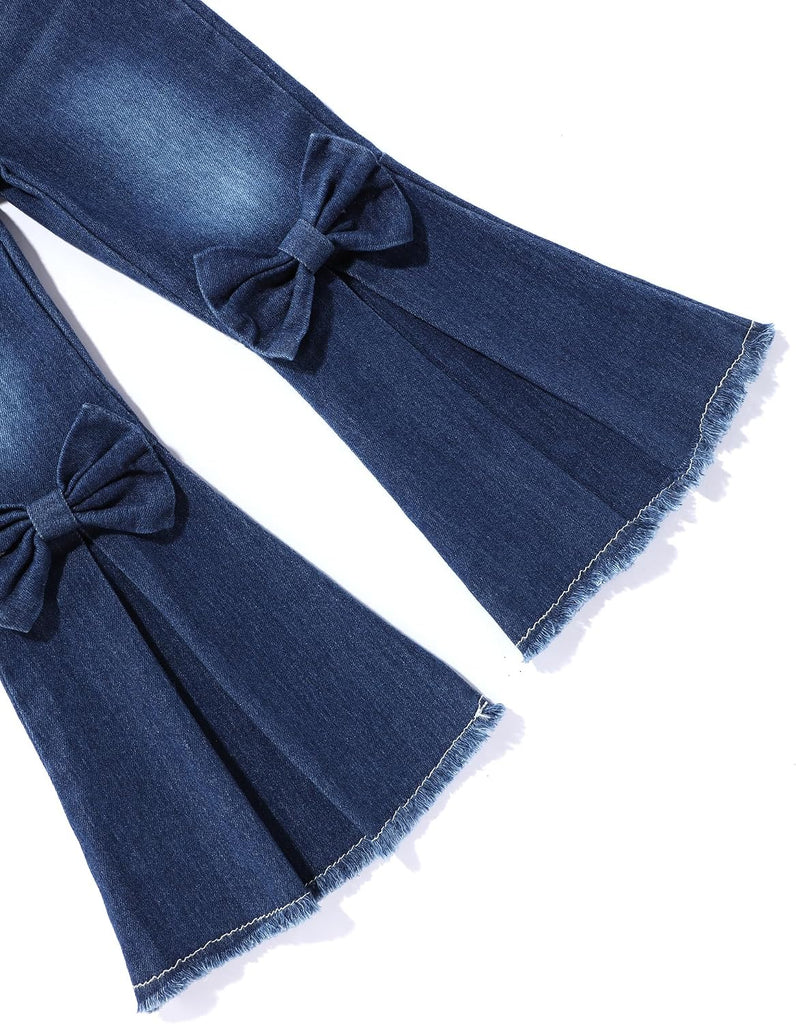 Todder Kids Girls Clothes Solid Color Ruffles Top Bow Flared Jeans 2PCS Fall Girls Clothing Set