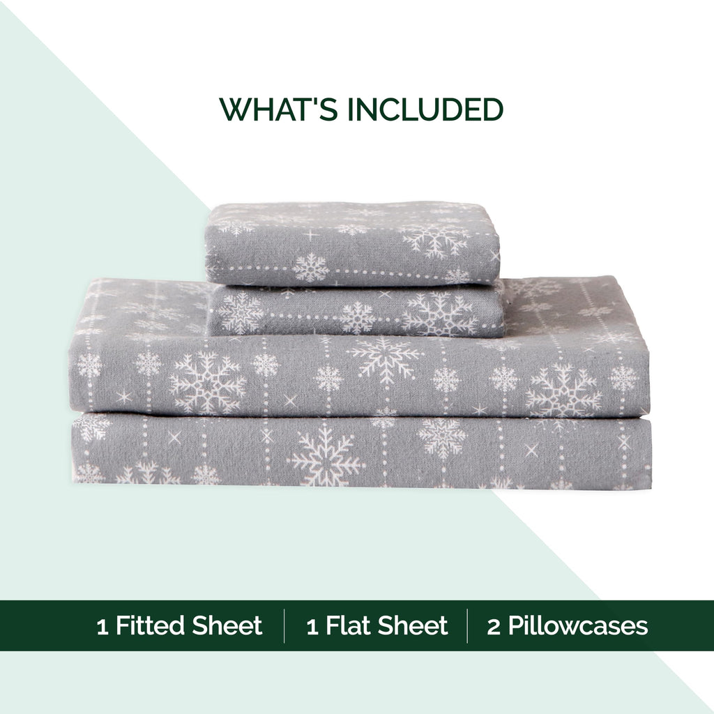 Holiday Christmas Flannel Sheet Set, Queen, Snowflake Gray