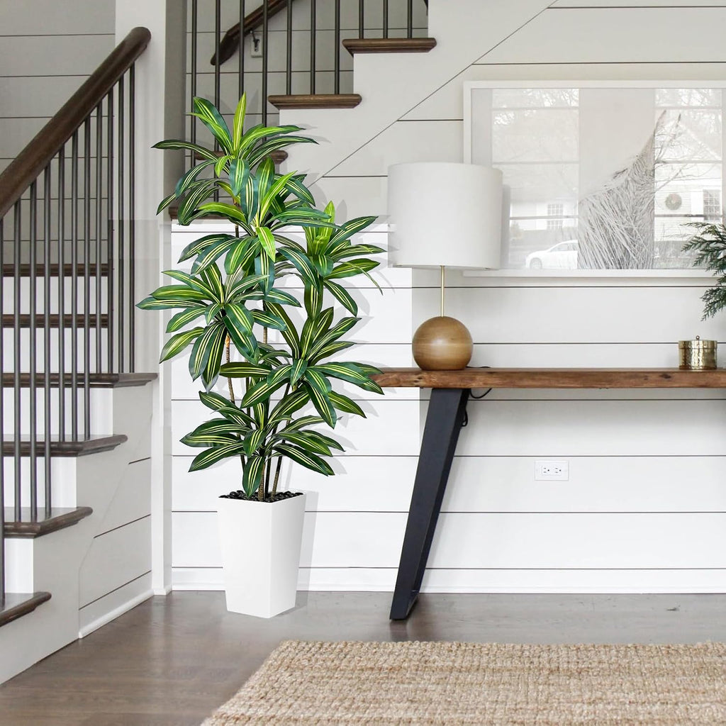 Dracaena Tree 7FT Tall Fake Plant with WhitePlanter - Realistic Faux Dragon Tree with Tall Planter - Indoor Floor