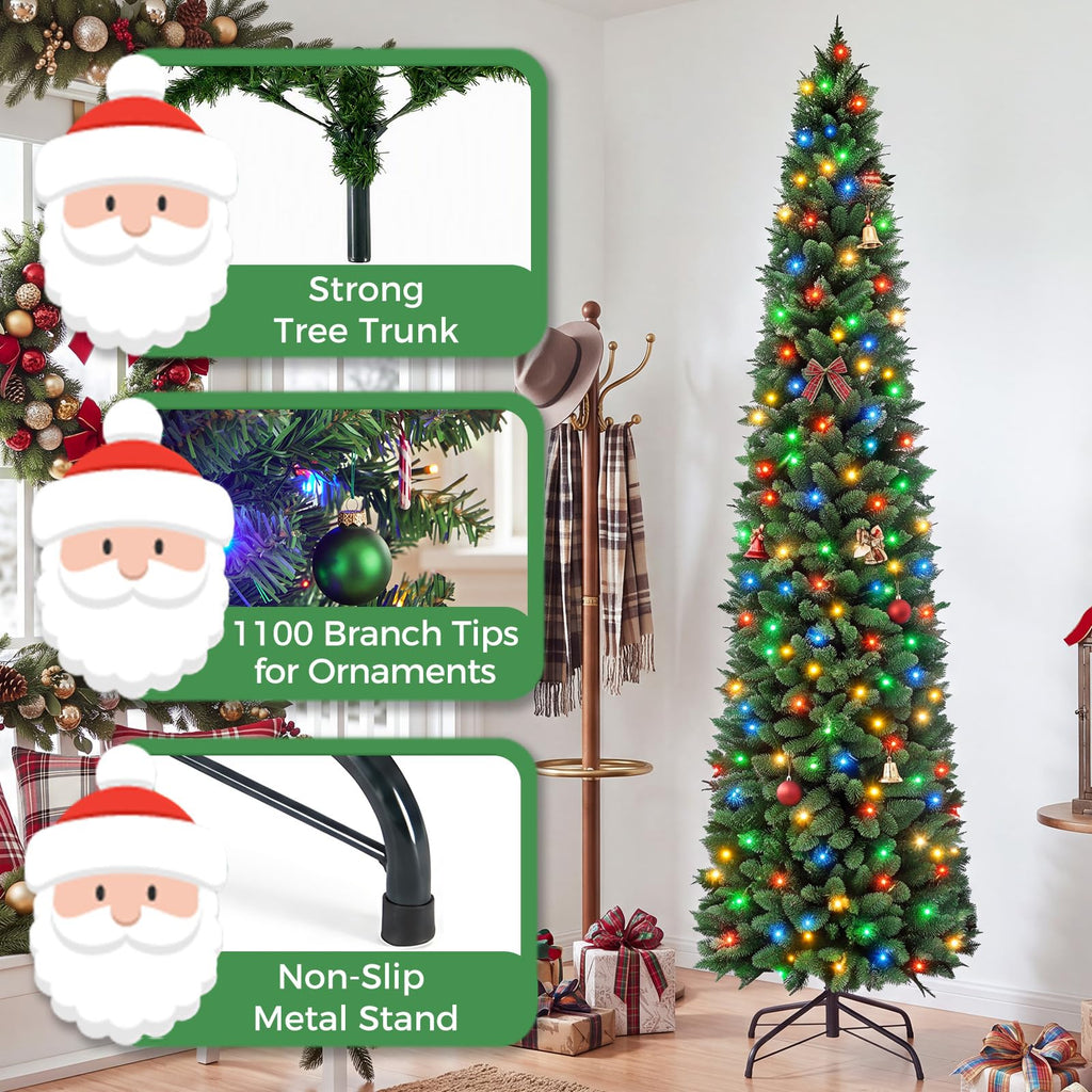 9 ft Pre-Lit Pencil Christmas Tree, Multicolor LEDs, Green
