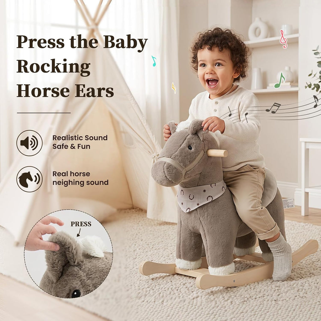 Rocking Horses Ages 1-3 Wooden Toddler Rocking Horse Plush Ride on Horse Toy with Realistic Sound Brown Horse Rocker
