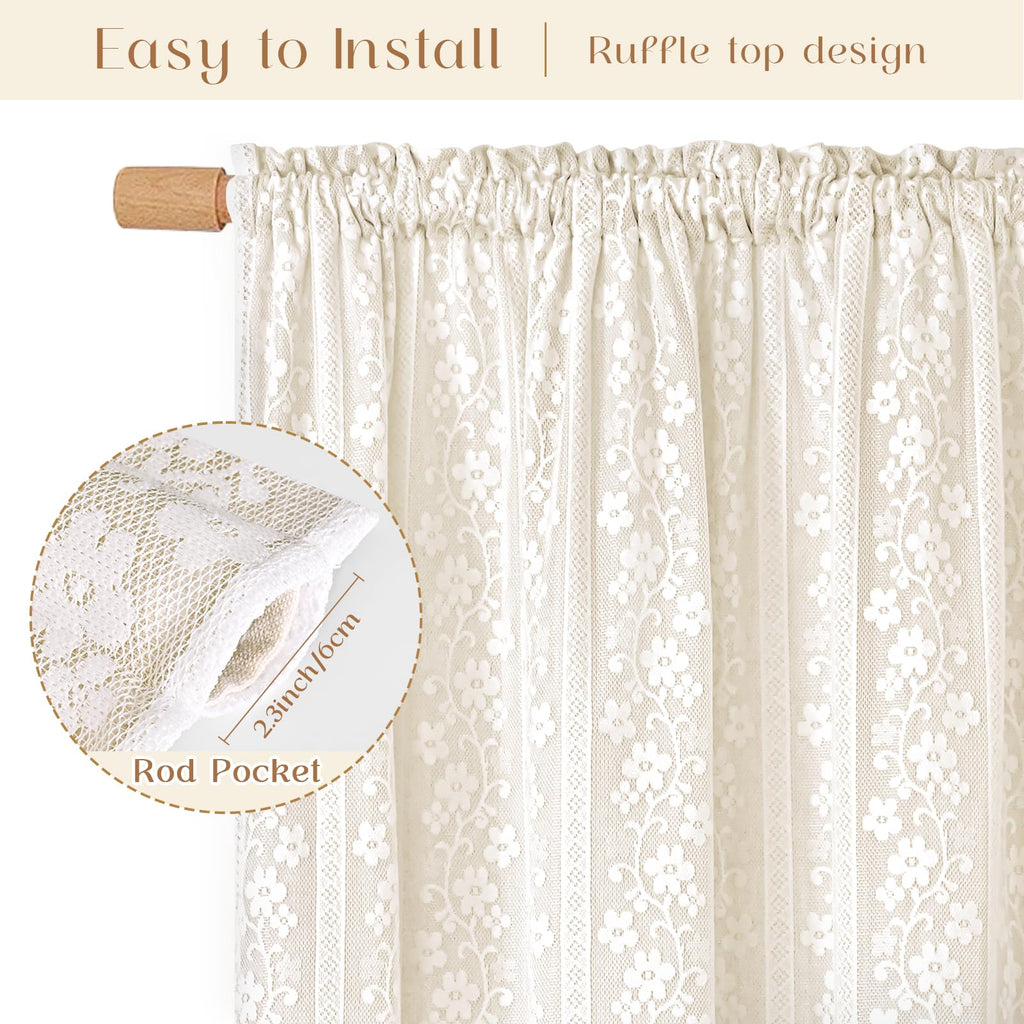 Linen Curtains, Double Layered Boho Curtain 63 Inch Length 2 Panels Set, Rod Pocket Curtains & Drapes with Tiebacks