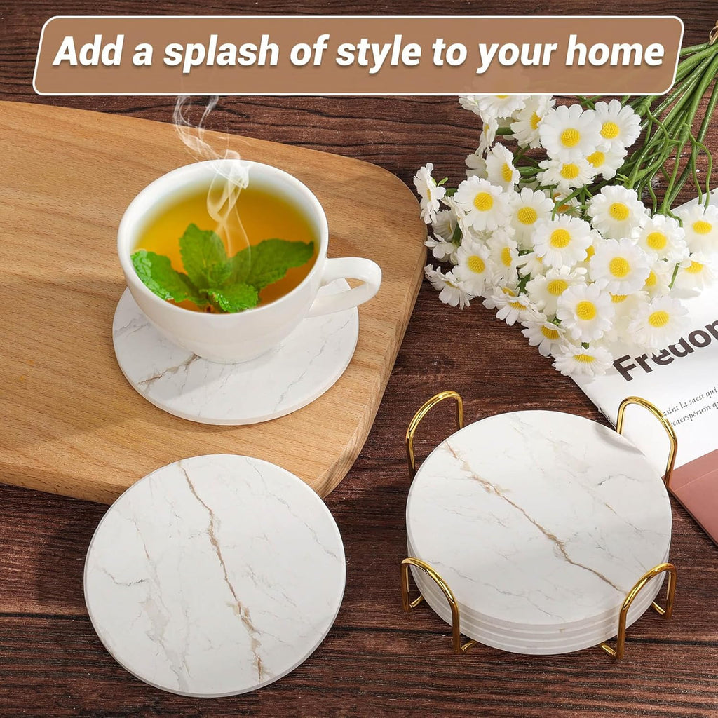 Drink Coasters with Holder for Coffee Table, Absorbent Coasters, Marble Style Ceramic Coaster for Wooden - Set of 6