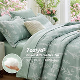Queen Comforter Set 7 Pieces, Sage Green Bed in a Bag Queen Reversible Botanical Flowers Design
