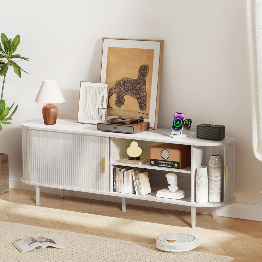 Mid Century Modern TV Stand: Fluted Media Console for 55 65 70 Inch TVs, Entertainment Center with Storage Cabinet