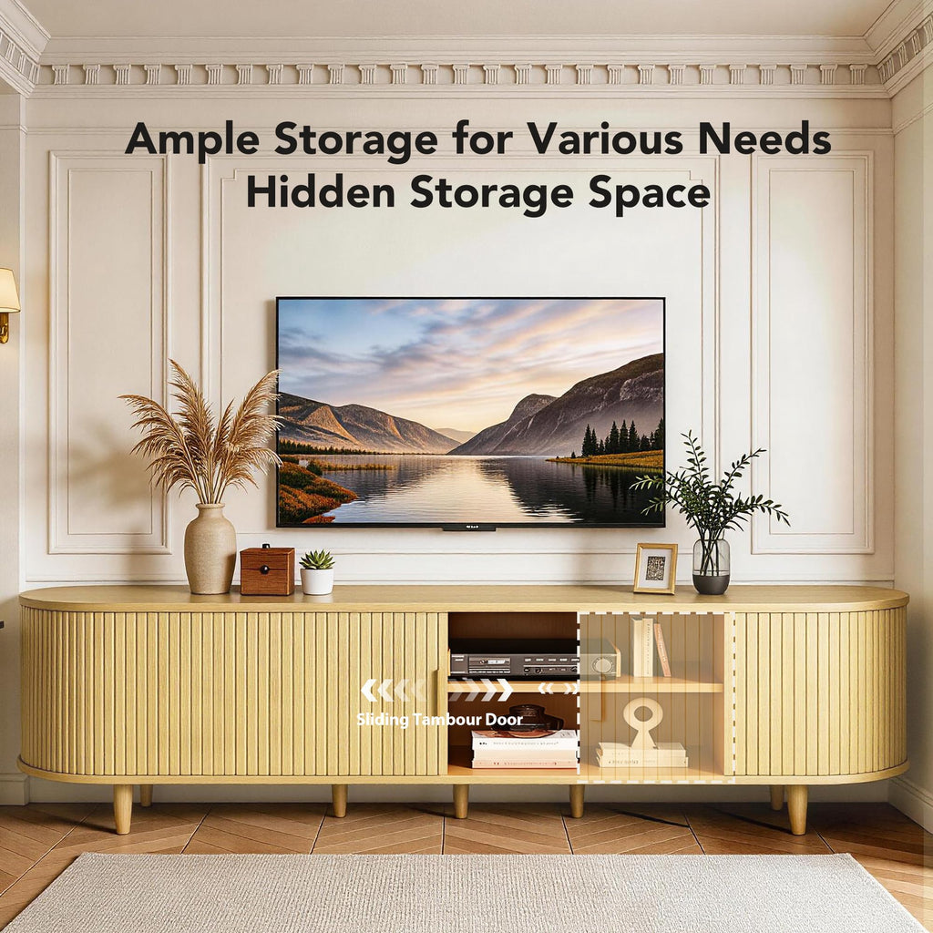 70" TV Stand with Sliding Doors, Mid Century Modern Entertainment Center, TV Console with Fluted Door Cabinets and