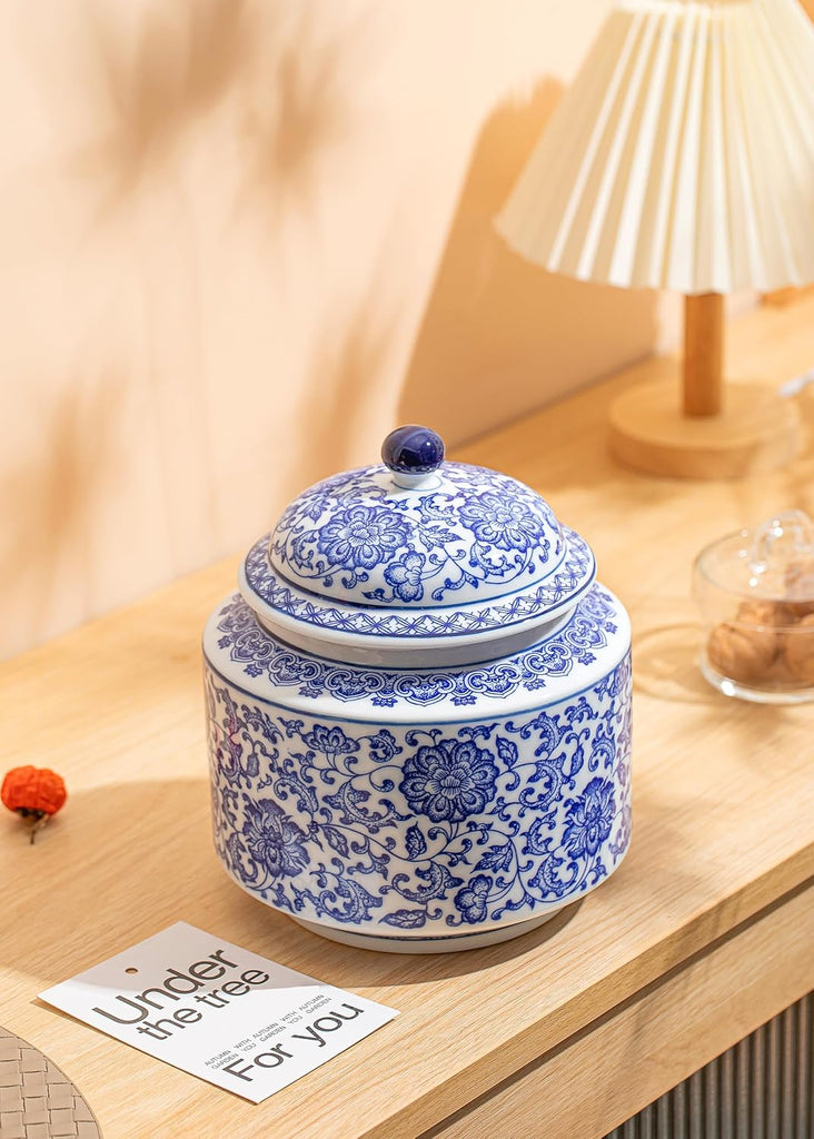 Blue and White Ginger Jar, Ceramic Chinoiserie Decorative Jars, Ginger Jar Vase Pocelain for Table, Living Room
