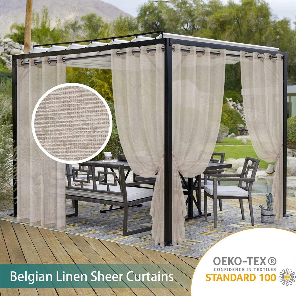Burlap Linen Look Outdoor Curtain 2 Panels | Waterproof Sheer Curtains for Pergola, Porch, Cabana, Gazebo Grommet