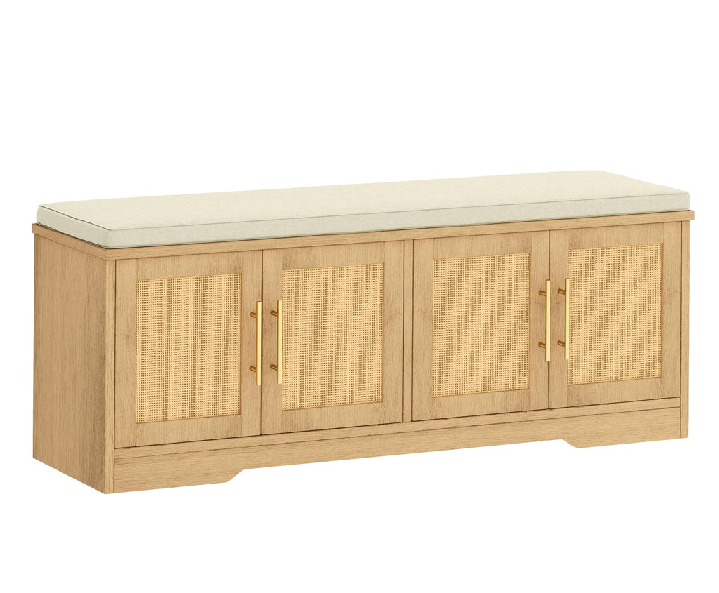 Rattan Shoe Storage Bench, 47.2" Wide Entryway Bench, Natural Oak