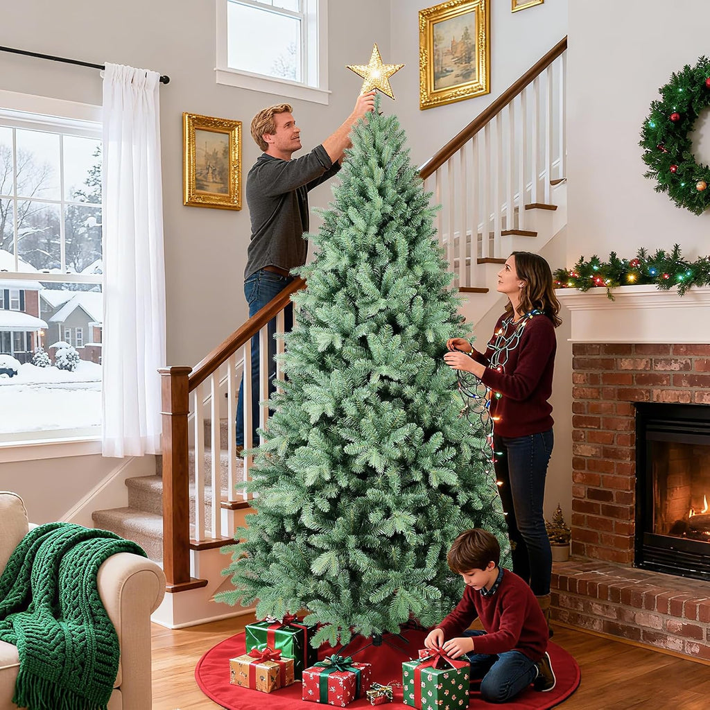 Blue Spruce Artificial Christmas Tree, Hinged Unlit Xmas Trees with 2458 PE&PVC Mixed Branch Tips, Home Holiday