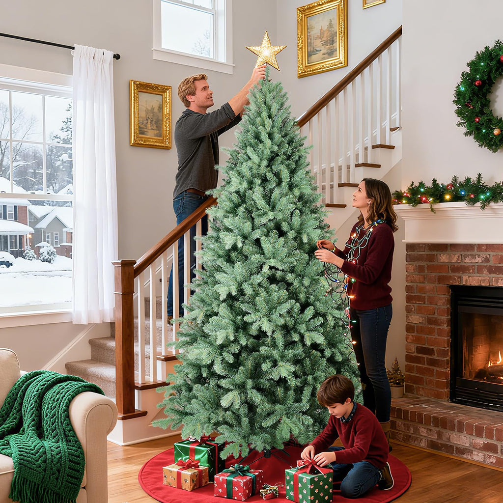 7 Ft Blue Spruce Artificial Christmas Tree, Hinged Unlit Xmas Trees with 1390 PE&PVC Mixed Branch Tips, Home Holiday