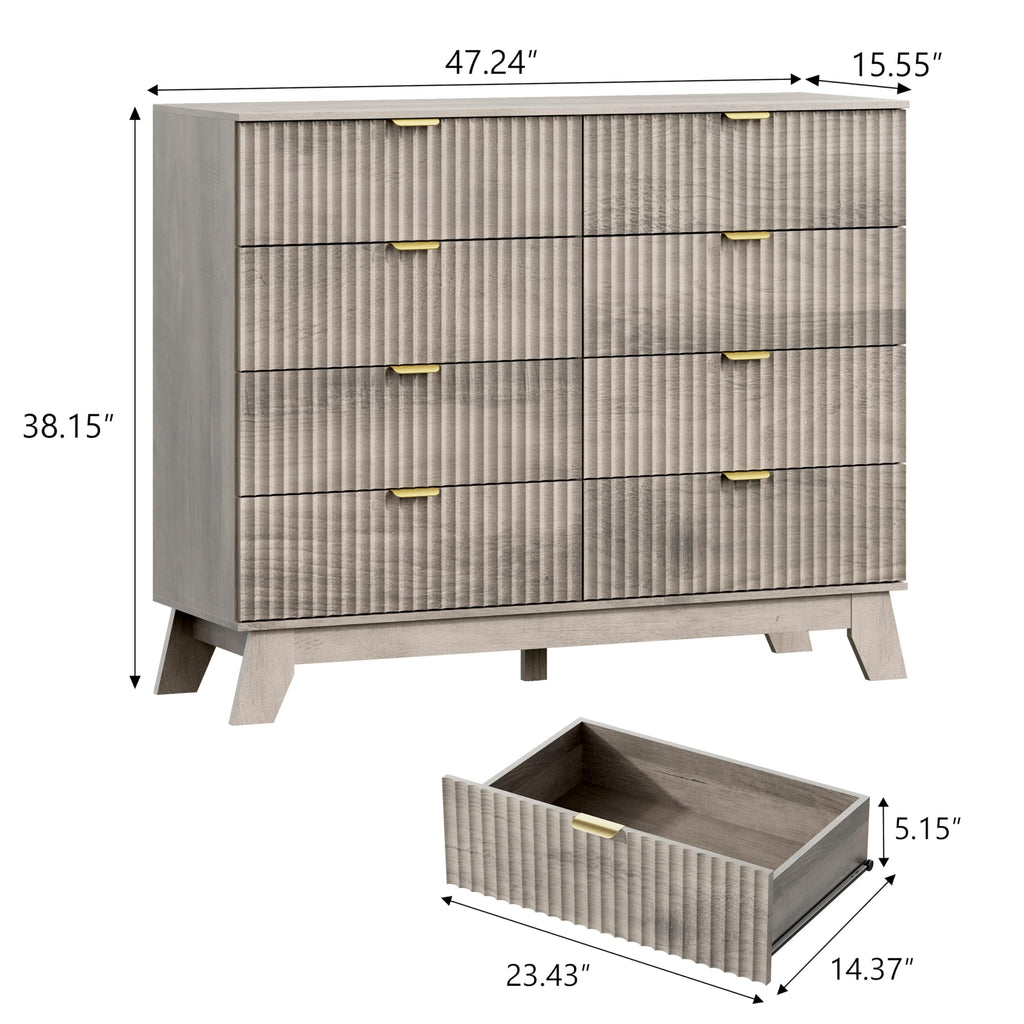 8 Drawer Fluted Dresser, Mid Century Modern Wooden Dresser with 8 Drawers, Dressers & Chests of Drawers with Metal