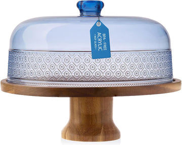 Cake Stand, Footed Cake Plate with Dome, Acacia Wood and Shaterproof Acrylic Lid, Wood Cake Stand with Dome Vintage