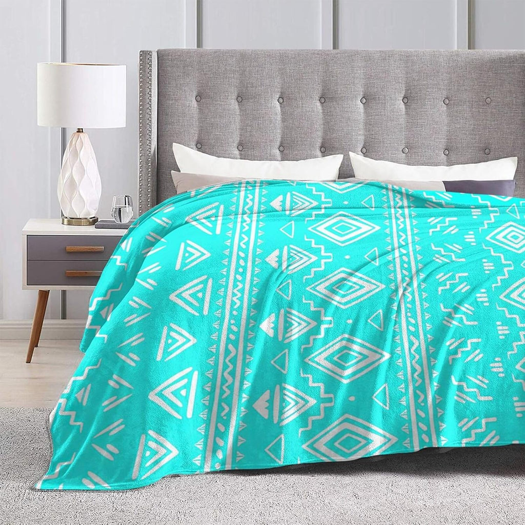 Turquoise Teal Western Boho Tribal Throw Blanket Gifts for Women, Soft Fuzzy Warm Cozy Flannel Blankets, Travel