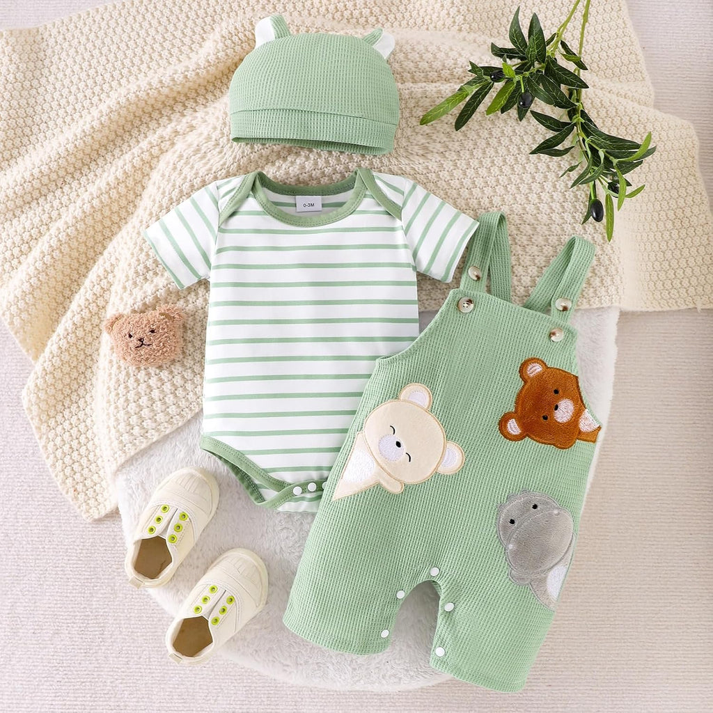 Baby Boy Clothes Newborn Striped Romper Bear Overall Hat Set