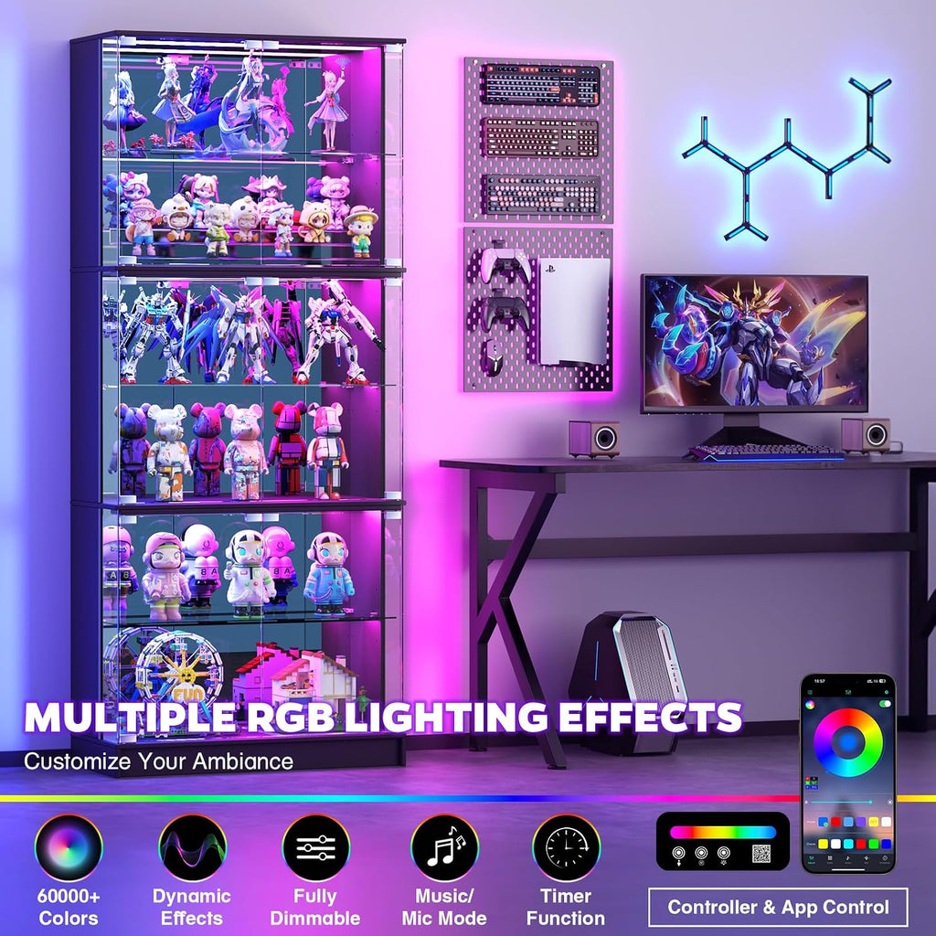 Display Cabinet with Glass Doors, 6-Tier 71'' Tall Curio Cabinet with RGB Lights for Collectibles, Display Case with