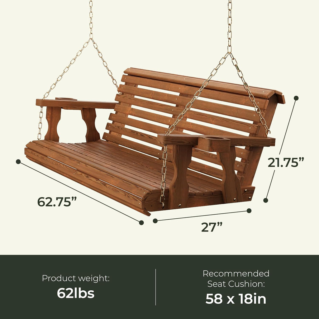 Casual Heavy Duty 700 Lb Capacity Porch Swing (5 Foot, Cedar Stain) - Wooden Outdoor Roll Back Swing with Hanging