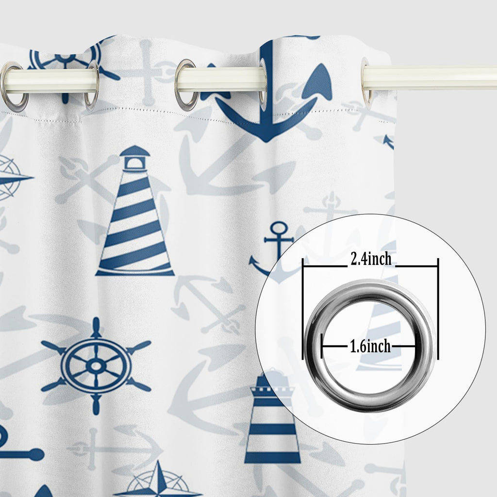 White Blue Nautical Curtains Marine Theme Anchor Compass Sailing Element Blackout Grommet Window Drapes for Adults