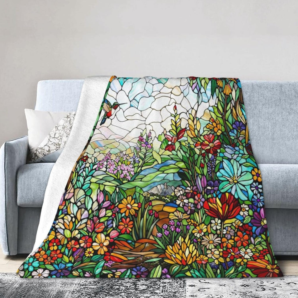 Colorful Boho Wildflower Stained Glass Throw Blanket Super Soft Air Conditioning Flannel Blankets Cozy Warm Plush