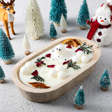 Vintage Christmas Snowman Dough Bowl Candle Gift Decor, Wooden