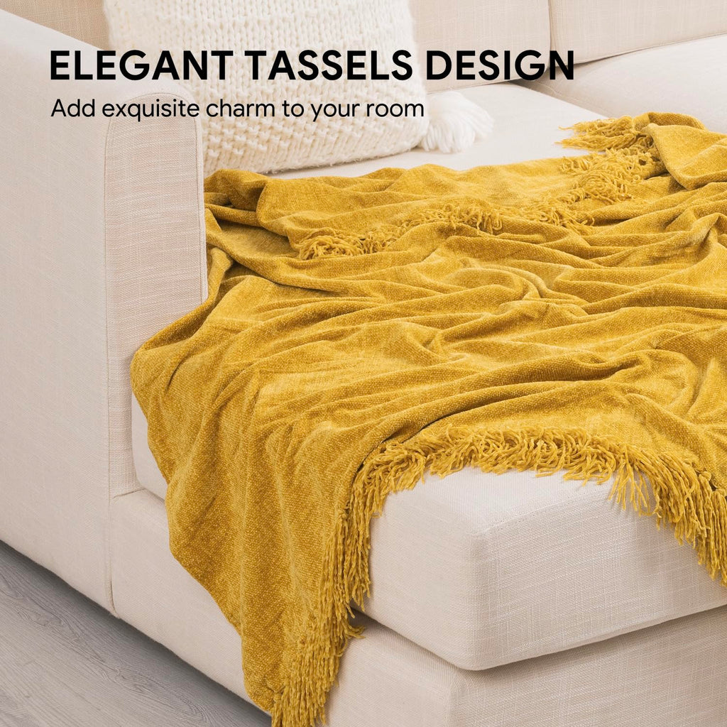Chenille Throw Blanket for Couch, 50"x60", Mustard Yellow