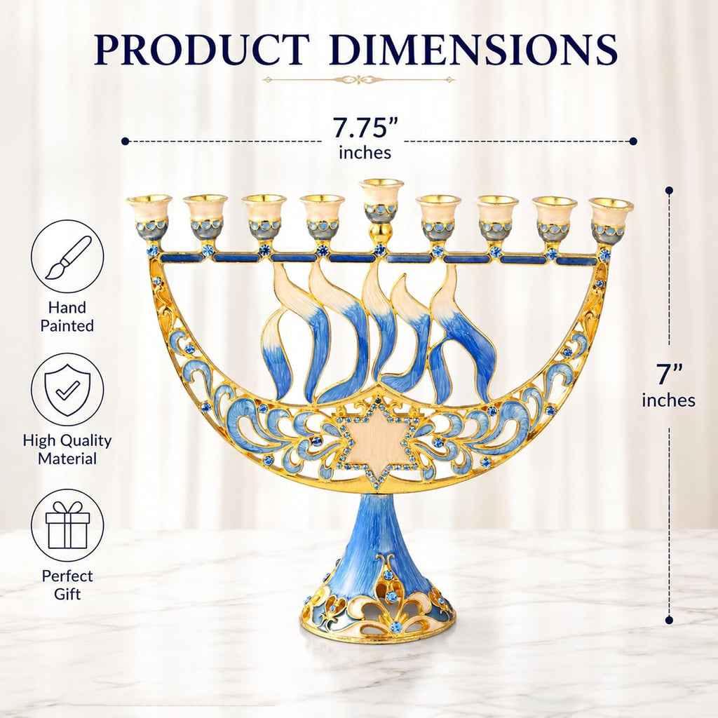 Hand Painted Enamel Candelabra with Star of David and Hanukkah Design and Embellished with Gold Accents and Crystals