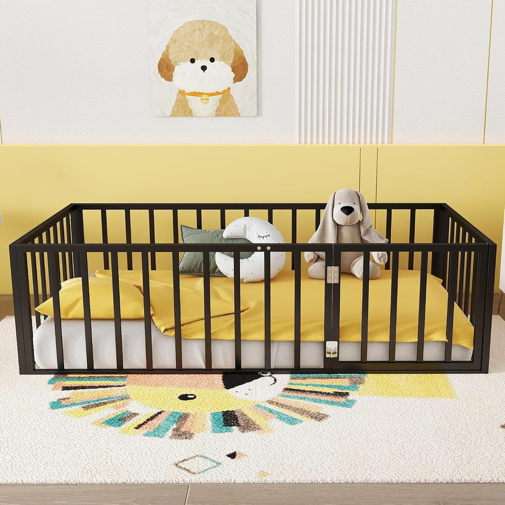 Floor Bed with Fence and Door, Heavy Duty Metal Montessori Floor Bed with Rails, Low-Profile Montessori Beds