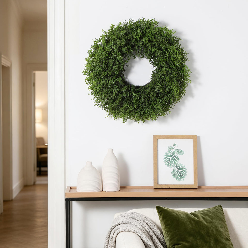 26'' Artificial Boxwood Wreath for Front Door, Small Leaves Wreath, Green