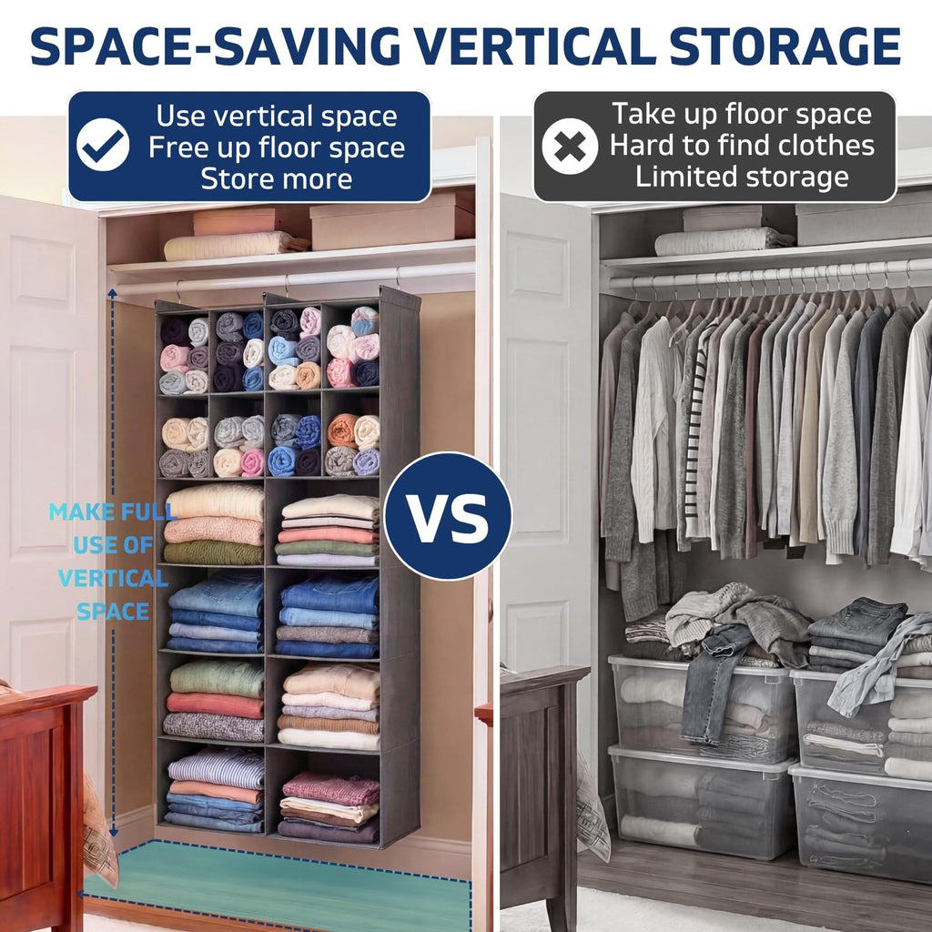 6 Tier Hanging Closet Organizer, 16 Compartments Dual Row Storage, Grey