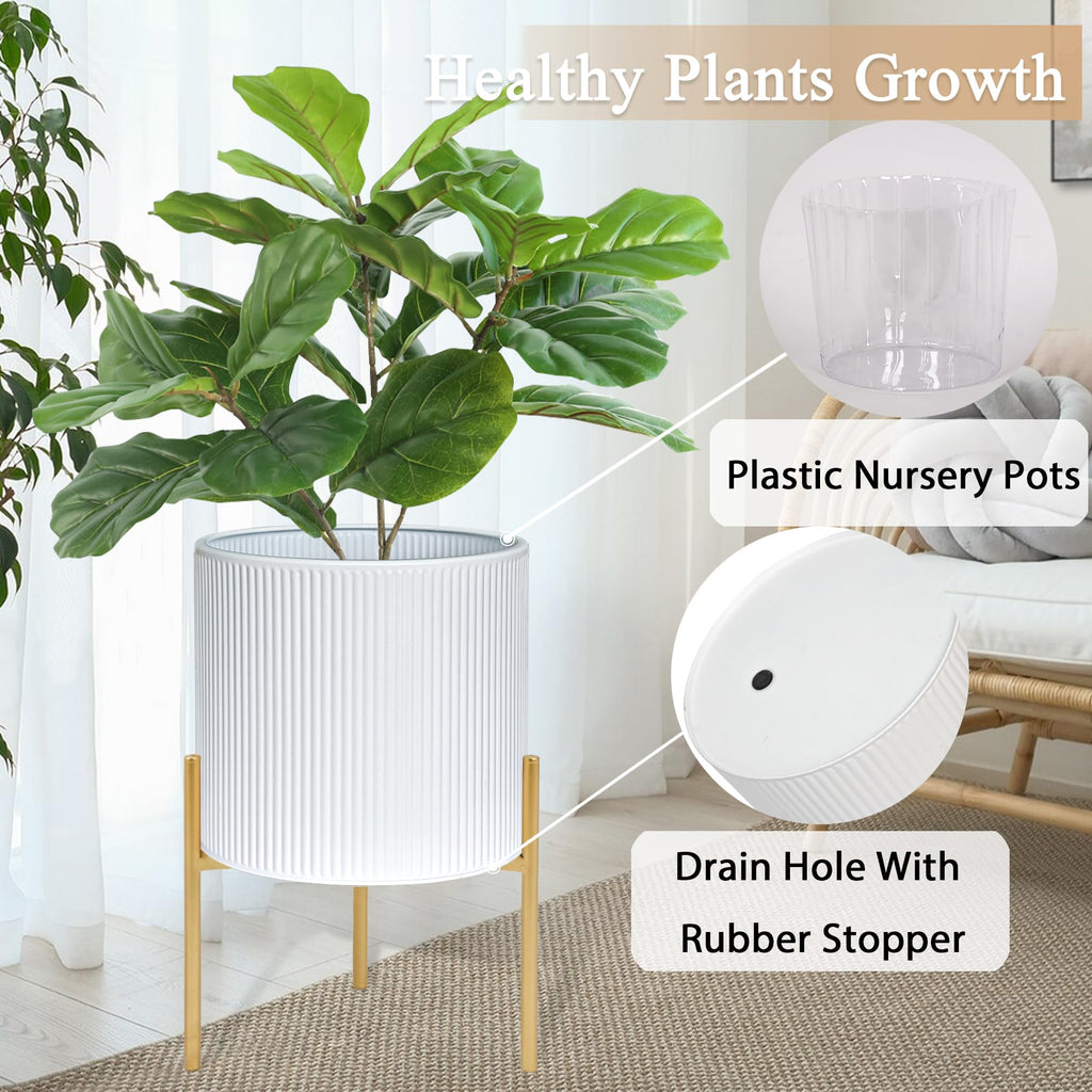 Modern Plant Pots, Set of 2 Round Large Planters with Stand, Large Size Metal Pots with Drainage Holes, Garden or