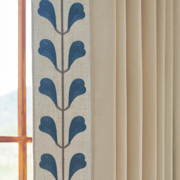 Cotton Linen Solid Colour Curtains, Beige Pinch Pleat Curtains with Embroidered Trim, Sliding Patio Doors Bedroom