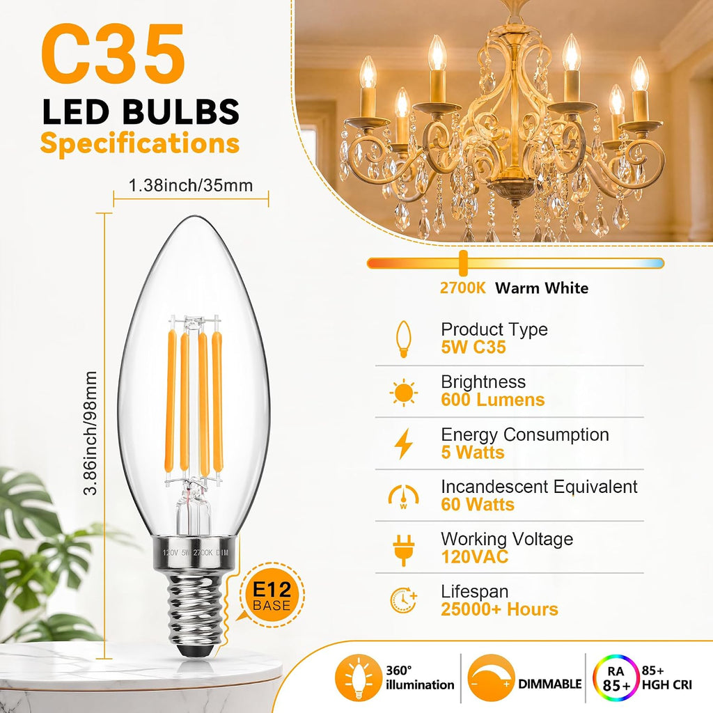 Dimmable E12 LED Candelabra Bulbs 2700K Soft Warm White
